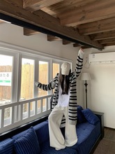 韩系条纹中长款连帽毛衣外套女秋冬氛围感针织开衫宽松慵懒风上衣