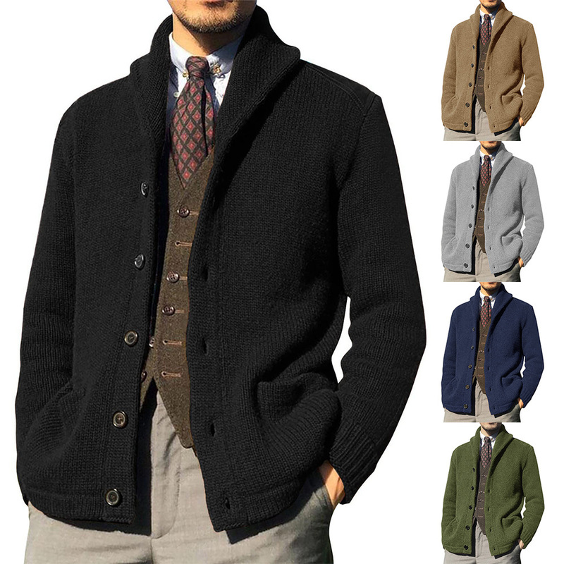 Cross-Border Men's Knitwear Autumn and Winter New Cardigan Jacket Men's Solid Color Long-Sleeved Sweater Amazon Men's Clothing Autumn and Winter