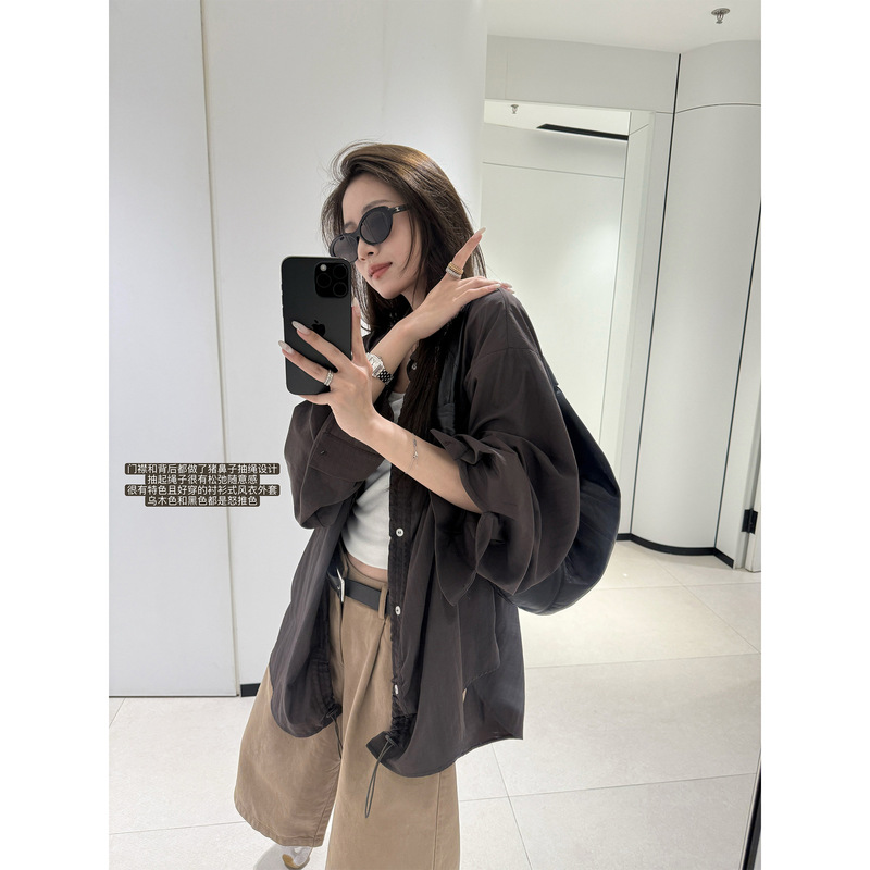 Superniniyy Ebony Drawstring Design Shirt-Style Windbreaker Jacket Versatile Drawstring Loose Top for Women Superniniyy Ebony Drawstring Design Shirt-Style Windbreaker Jacket Versatile Drawstring Loose Top for Women