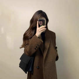 大码中长款加厚毛呢西装外套女秋冬季新款高级感赫本风呢子大衣