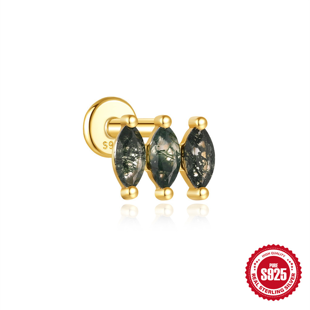 El nuevo s925 simple y moderno hierba de agua natural, uñas de hueso de oreja de ágata, personalidad de lujo ligera europea y americana, pendientes de piedra de musgo verde con incrustaciones