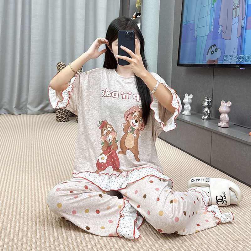 2025 新しい夏のモーダルパジャマ女性の半袖ズボンスーツ漫画ルーズ夏は家の服の外で着用できます|undefined
