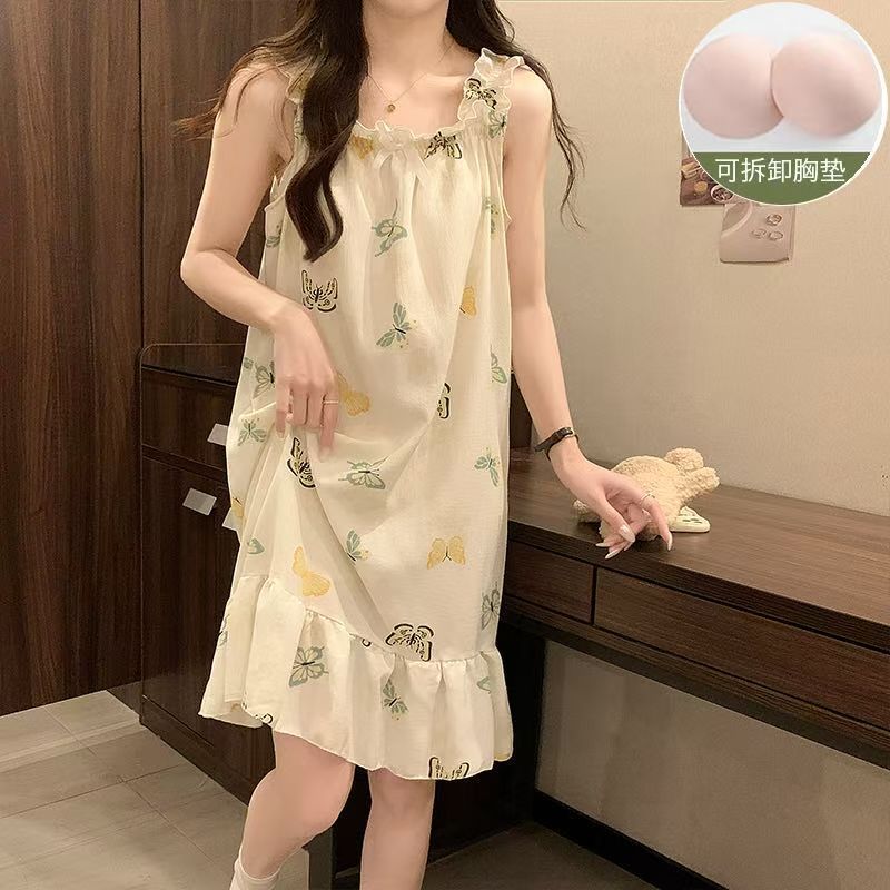 Venta al por mayor transfronteriza con almohadilla para el pecho pijamas para mujer verano espuma camisón camisón ropa a domicilio dulce y linda almohadilla para el pecho desmontable