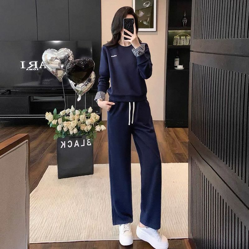 港风复古休闲套装女2025秋新款蓝色长袖圆领卫衣高腰阔腿裤两件套|undefined