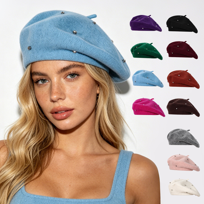 Gypsophila Rhinestone Wool Beret for Women, Autumn and Winter Vintage Artist Hat, Multi-Color Versatile, Makes Face Look Smaller, in Stock Wholesale Gypsophila Rhinestone Wool Beret for Women, Autumn and Winter Vintage Artist Hat, Multi-Color Versatile, Makes Face Look Smaller, in Stock Wholesale