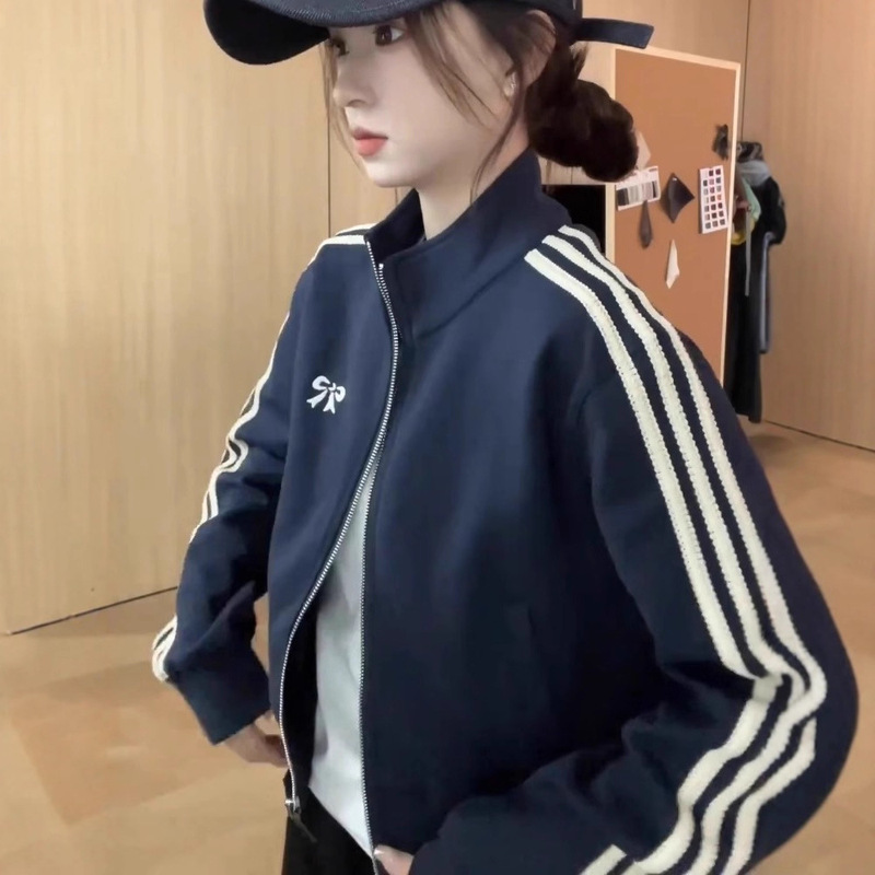 美式复古藏青色立领卫衣开衫女秋季小个子短款棒球服宽松拉链外套|undefined