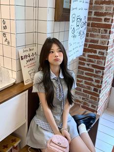 Miu Preppy Style Suit for Women Summer Cute and Sweet Girl Fake Two-Piece Right Shoulder Short-Sleeved T-Shirt Skirt Two-Piece Set
