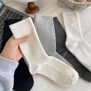 Grey Piled Socks Children's Pure Cotton Mid-length Socks Spring and Summer with Small Leather Shoes Solid Color Korean Double Needle Spring and Autumn Stockings