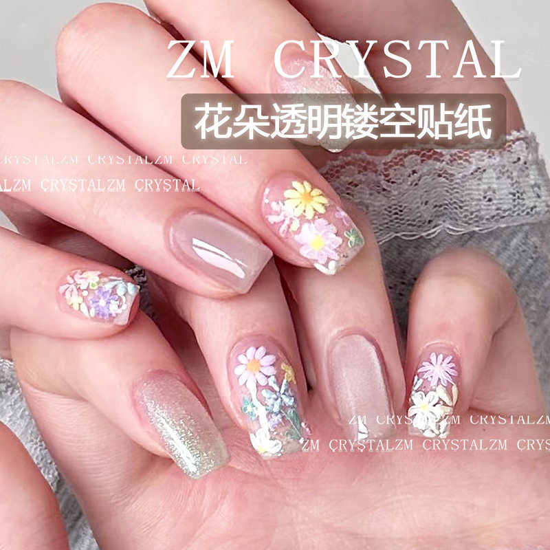 Zm Spring New Style Spring Flower Transparent Hollow Nail Art Stickers Oil Painting Flower Nail Adhesive Stickers Decoration