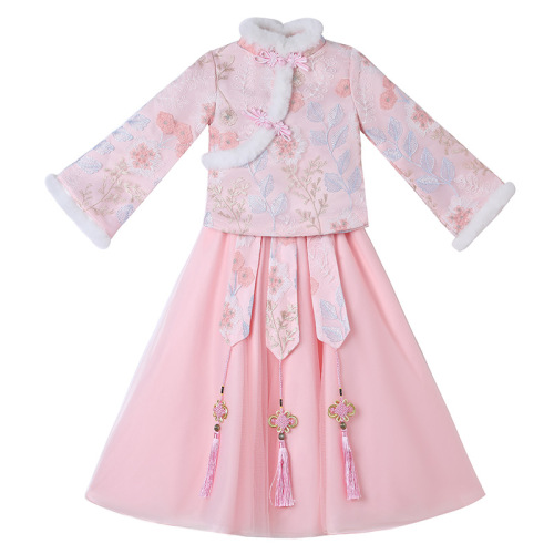 Girls Chinese qipao Hanfu  fairy dress winter style plueshed lining  birthday celebration dress Chinese New Year greeting tang suit for children