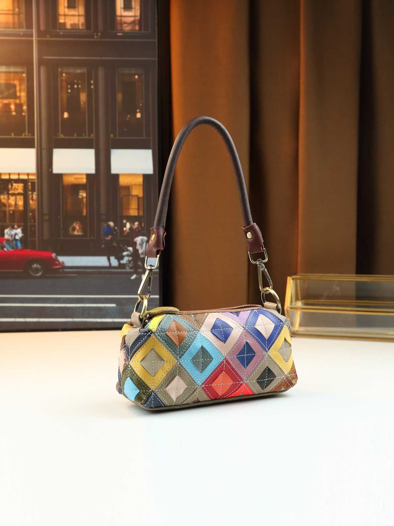 Women's Ethnic Style Colorful Plaid Leather Crossbody Shoulder Bag_voghion.com