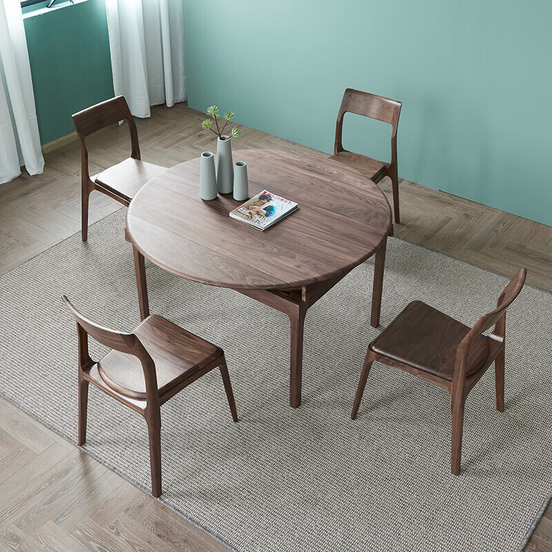 Nordic All Solid Wood Dining Table Modern Simple Telescopic Folding Round Table Black Walnut Home Dining Table