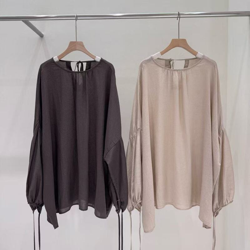 2026 Summer Korean Style Loose Artistic Lazy Style Hemp Lantern Sleeve Tie Pullover Shirt Top for Women 26119-1
