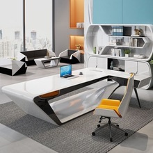 创意科技感烤漆老板桌总裁办公桌现代总经理桌白烤漆桌轻奢总裁-