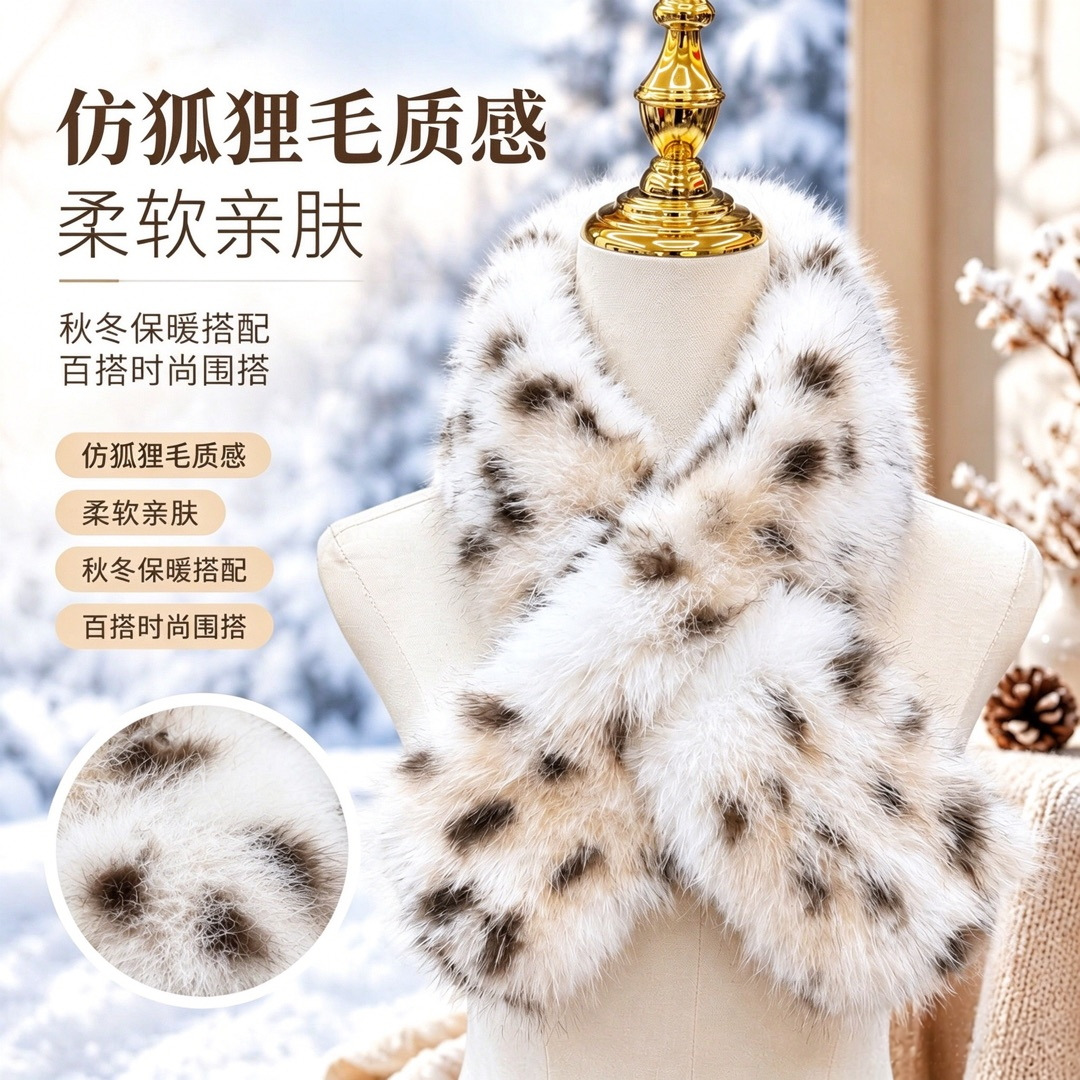 2026 New Winter Thickened Warm Cross-Style Leopard Print Scarf with Imitation Lynx Fur Collar, Versatile Neck Warmer