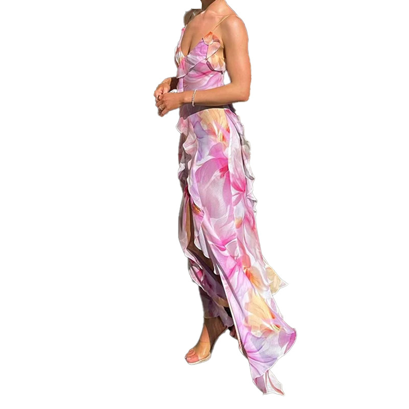 Elegant Floral Maxi Dress – Women’s V-Neck Slit Dress For Vacation & Beach Getaways_ecoleips.com