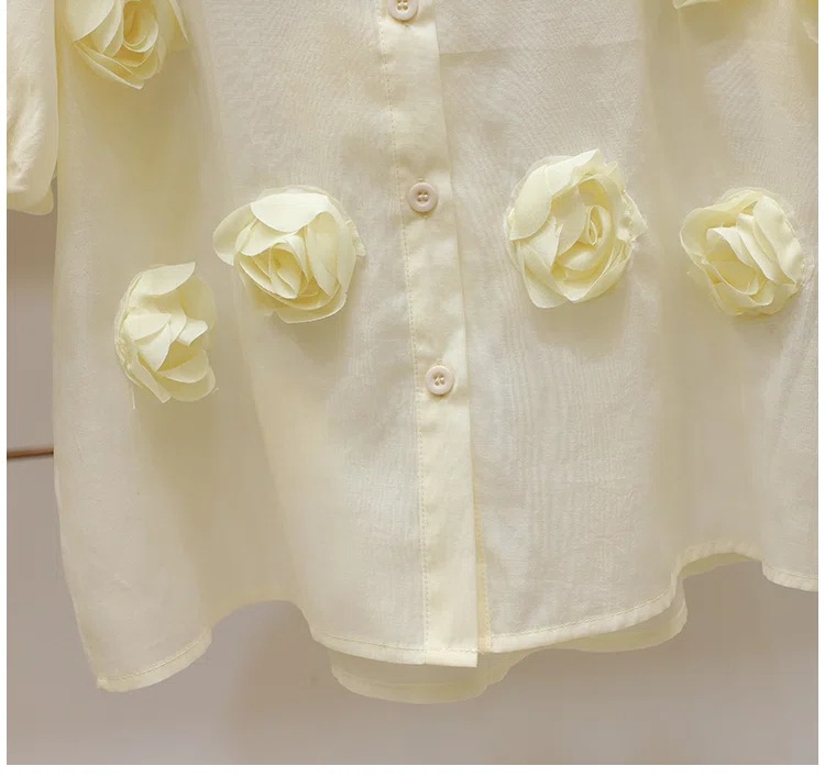 Women's Clothing summer new three dimensional rose flower chic French puff sleeve niche loose single breasted shirt versatile_voghion.com