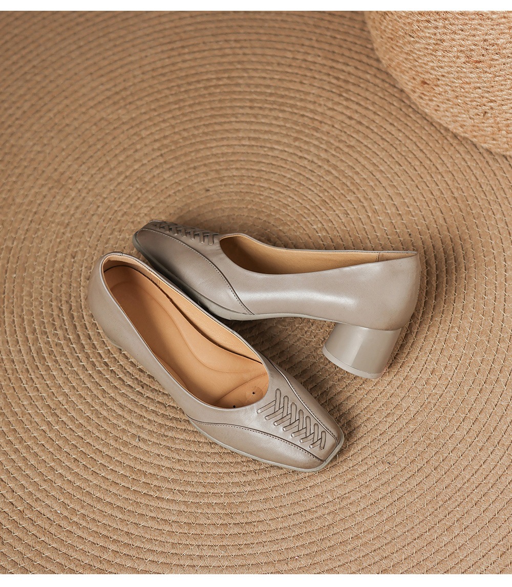 Giày cao gót nữ mũi vuông dệt da bò thật gót vuông ổn định, miệng cạn một chân đi — đen chi tiết 23