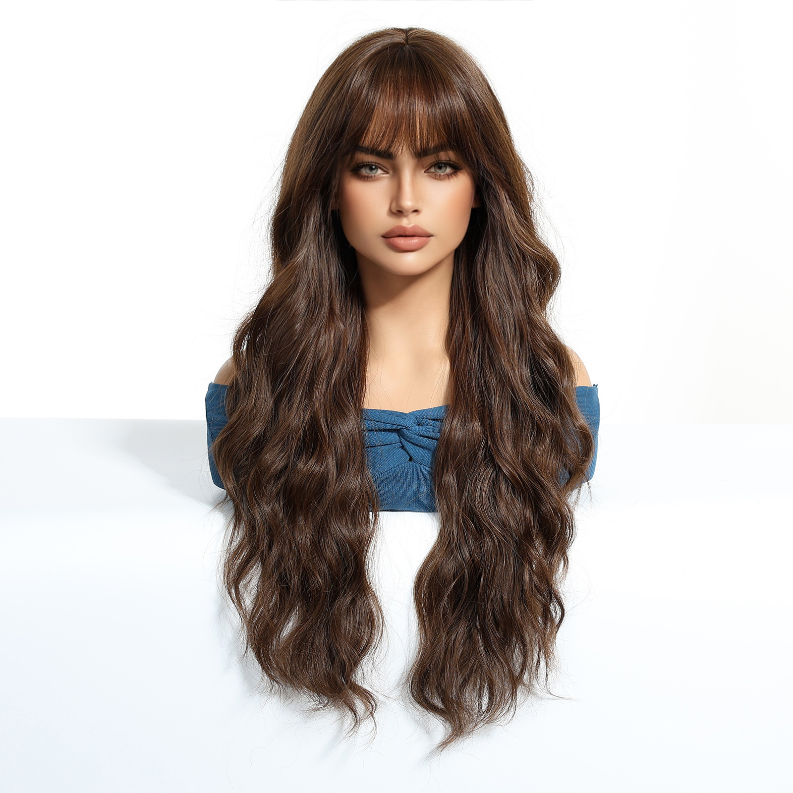 SHIEN transfronterizo primavera nueva moda vigorosa flequillo ondulación del agua larga peluca rizada pelucas de pelo completo