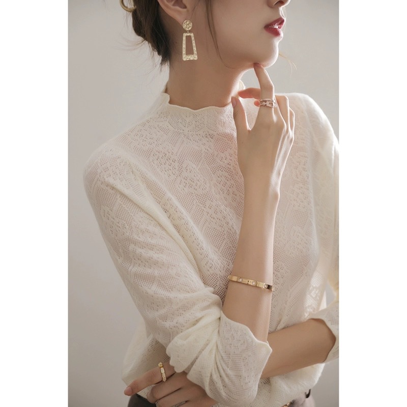 Fashionable Versatile Jacquard Hollow-Out Thin Wool Knit Sweater for Women, Spring and Autumn Half-High Collar Lace Edge Elegant Wool Base Sweater