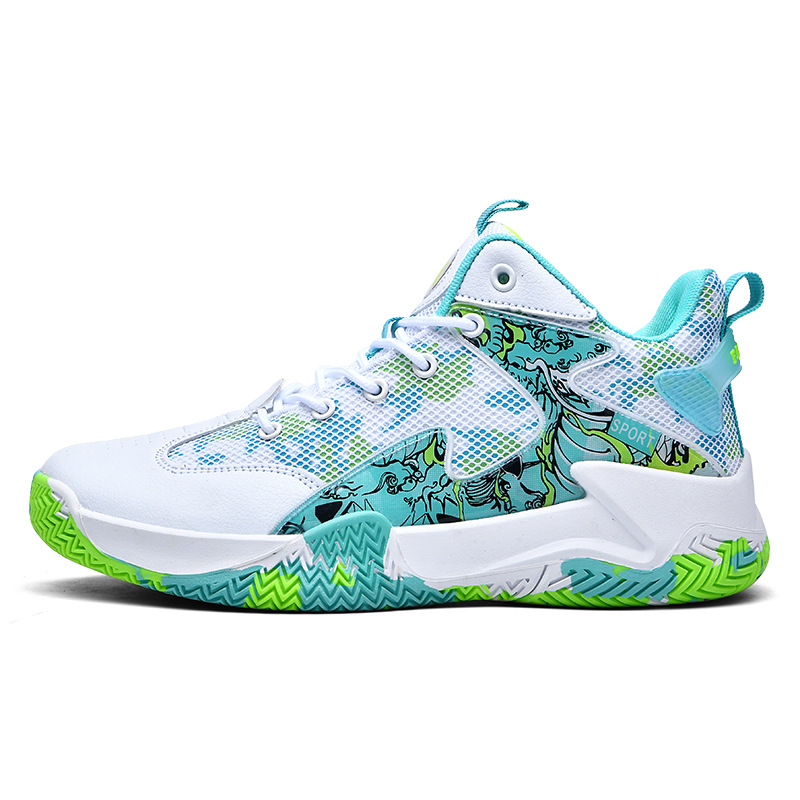 Zapatos transfronterizos para hombre, zapatos de baloncesto de punto con mosca, zapatos deportivos de verano de caña alta, zapatos de entrenamiento para estudiantes jóvenes de camuflaje de malla de moda image 12