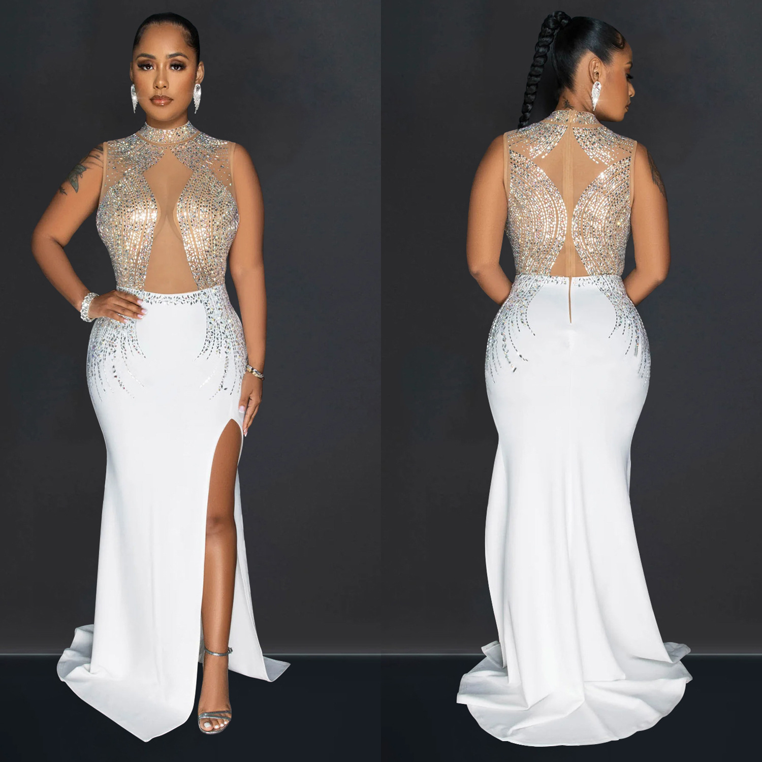 C6860 transfronterizo AliExpress Amazon de moda europea y americana de las mujeres de color sólido de malla de diamantes de imitación vestido partido vestido