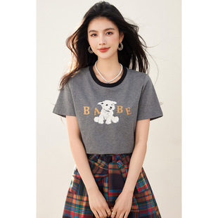 Simple Puppy Printed Stitching Crewneck T-Shirt 2025 Summer Contrast Color Loose All-match Top