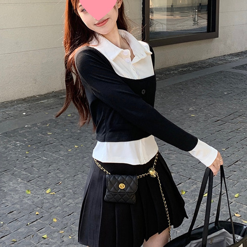 Spring new sweet and spicy college style contrasting fake two-piece tops for women's design, slim and long-sleeved T-shirt