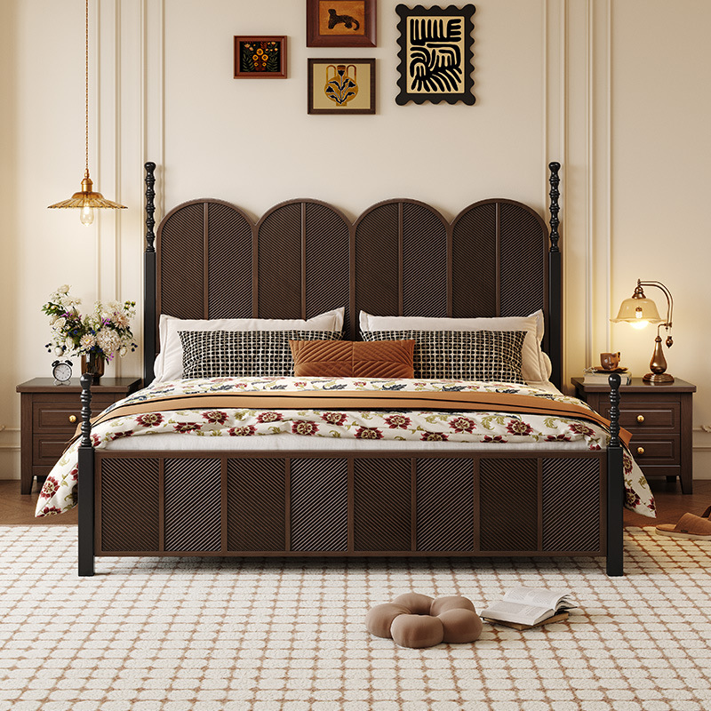 Retro Mid-Century Style Solid Wood Bed, High-End Roman Column Black American Light Luxury Master Bedroom Bed, Double Wedding Bed, Princess Bed