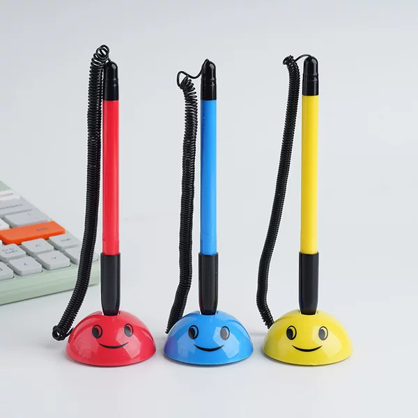 Smiley face desk pen custom advertising pen custom printing LOGO with base Hotel bank counter ball pen plastic