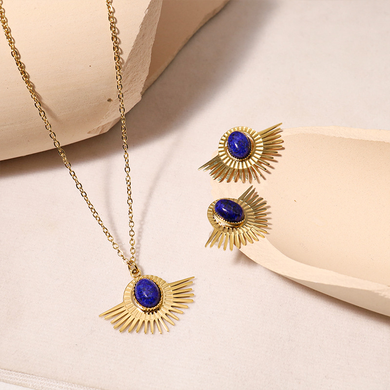 Retro Geometric Titanium Steel Inlay Natural Stone Earrings Necklace