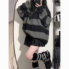 秋冬vintage古着宽松条纹慵懒风加厚毛衣女美式复古针织衫外套潮