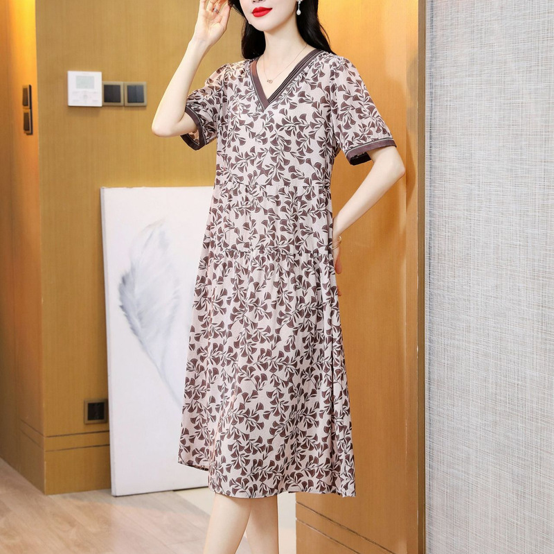 Hangzhou new single-layer printed silk dress for women, mid-length, short-sleeved, elegant and slimming, 100% mulberry silk long dress Hangzhou new single-layer printed silk dress for women, mid-length, short-sleeved, elegant and slimming, 100% mulberry silk long dress