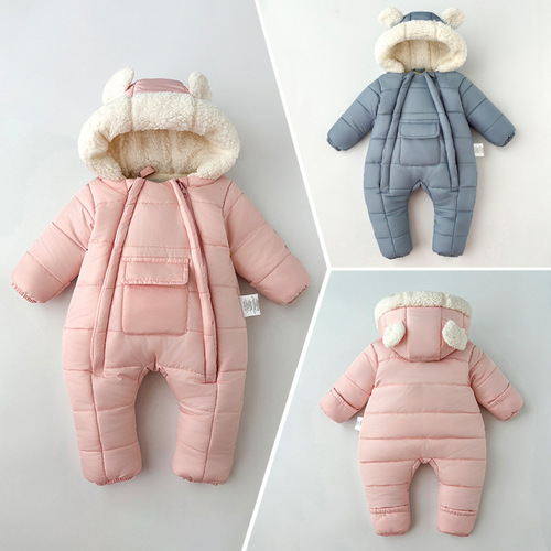 Baby clothes winter set for newborn girls, footed pinafore with added warm padding, suitable for boys, winter with hand covers and double zipper.