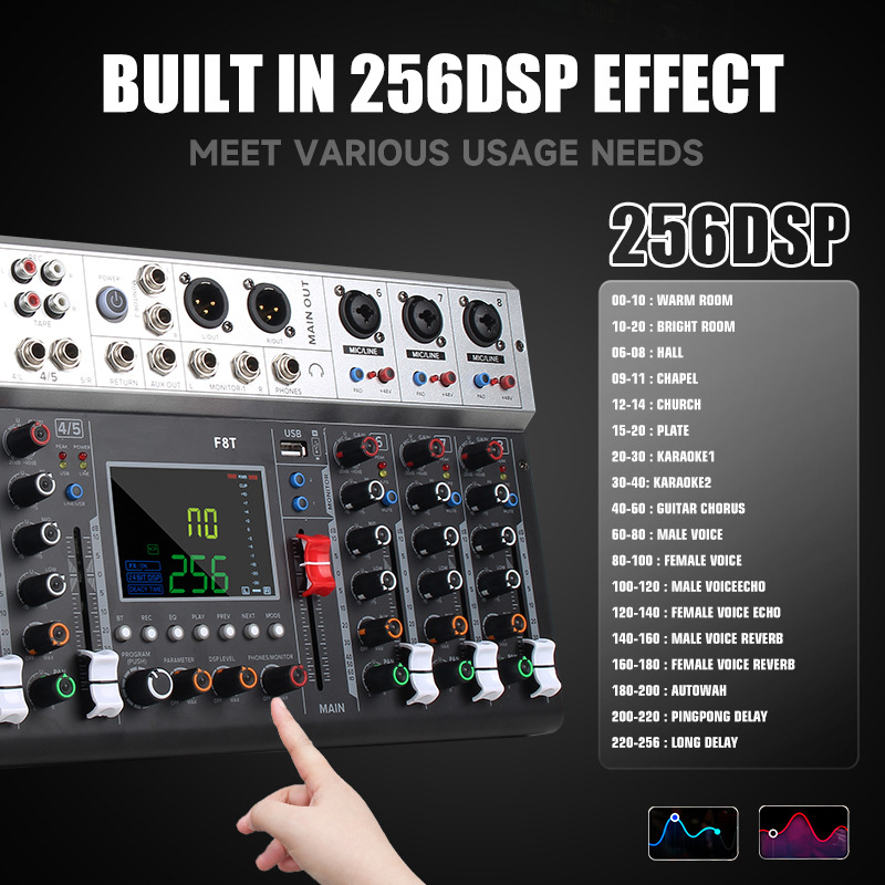 전문 믹서 8 방향 DSP 잔향 효과 블루투스 USB 재생 녹음 무대 성능 홈 노래방