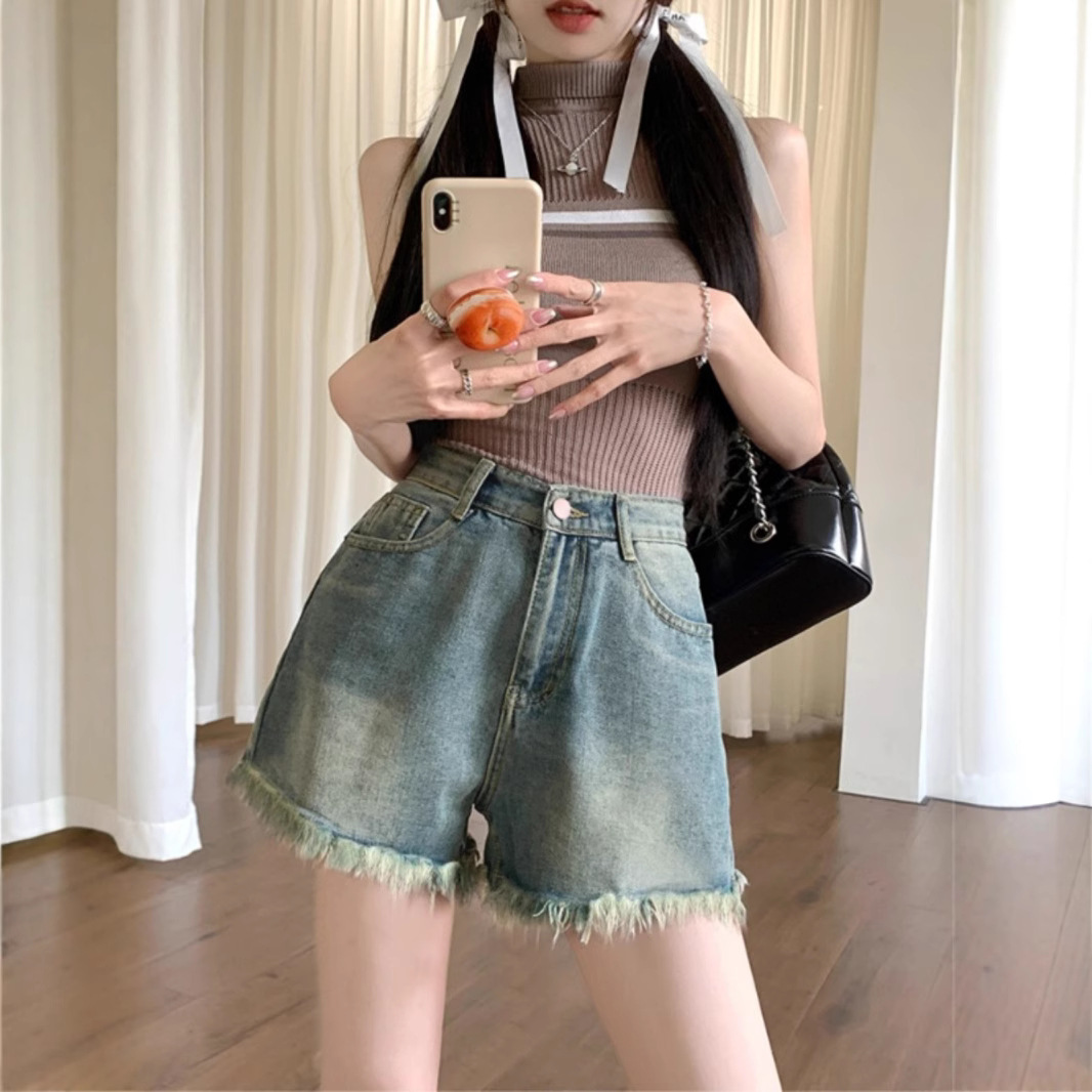 로우 엣지 여름 디자인 데님 반바지 하이 웨이스트 인 스타일 스트레이트 얇은 A 라인 레트로 와이드 레그 핫 팬츠 여성용