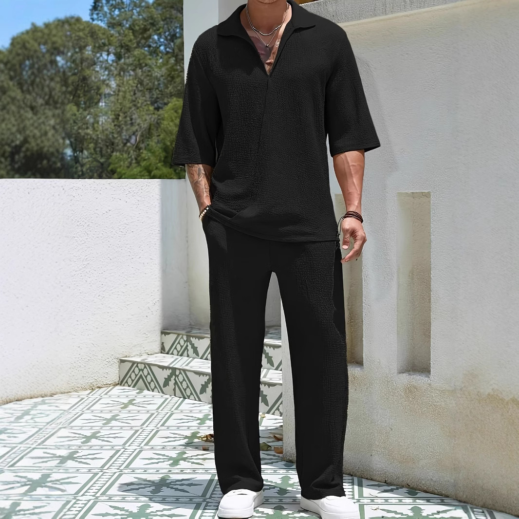 Commuter Men's Casual Shirt Solid Color Half Sleeve Trousers Two-piece Suit