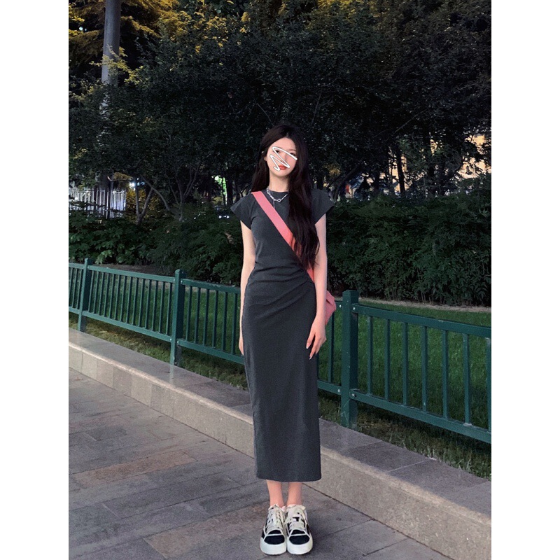 2023 Tall Lengthened Over-the-Knee Tight Waist Pleated Elegant Slimming Pure Straight Casual Short-sleeved Shirt Dress