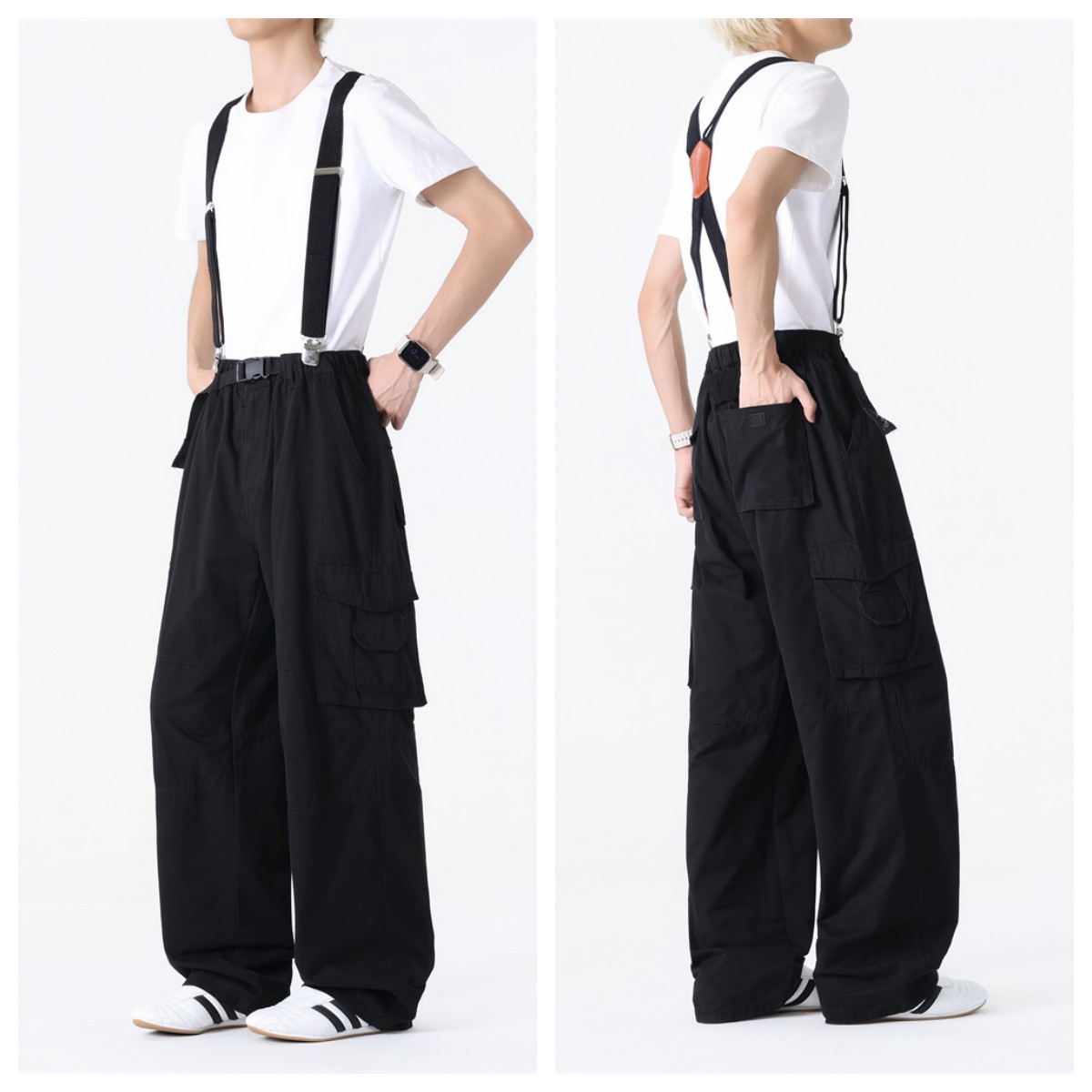 Pantalones multibolsillos de primavera y otoño para hombres gordo mono de rayón gordo casual más tamaño pierna ancha cintura elástica pantalones largos sueltos