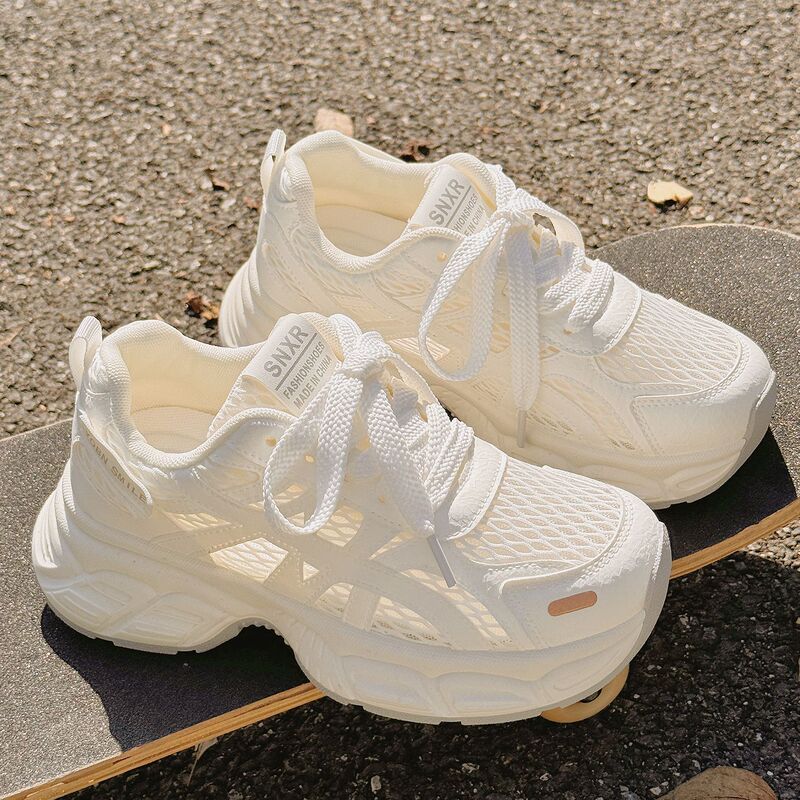Women's Summer Breathable Dad Shoes, Thick-Soled White Mesh Shoes, Uber F2431, One-Piece Drop Shipping