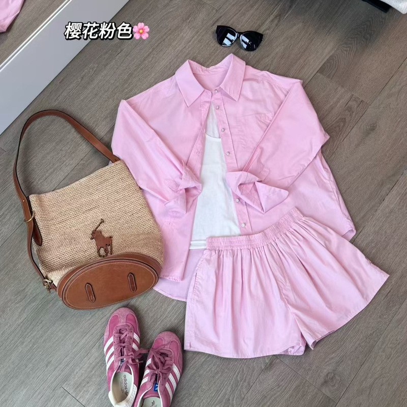 25夏季新款女士简约百搭户外运动刺绣衬衫短裤休闲裤套装0809k16|undefined