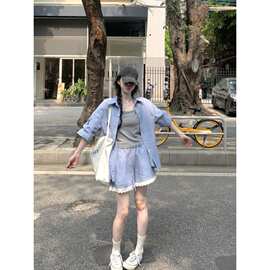 胖特大码300斤休闲时尚套装女夏季长袖衬衫高腰运动短裤两件套