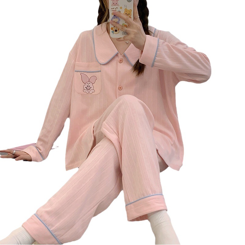 Sweet Girl Pink pijamas mujeres peinado Jacquard de algodón Otoño e Invierno manga larga solapa cardigan lindo casual Home wear traje
