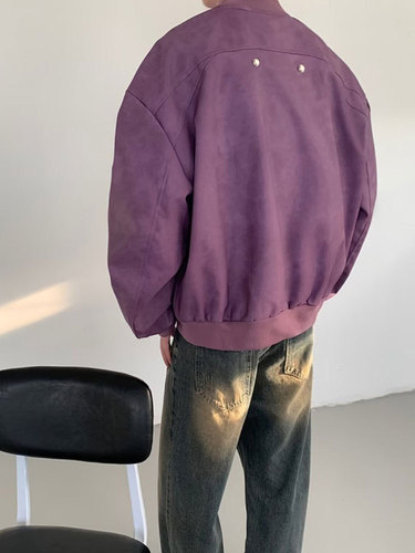 Trendy high-street suede velvet coat for men: autumn-style American retro casual edgy, cool, and relaxed-fit motorcycle jacket with a stand-up collar.