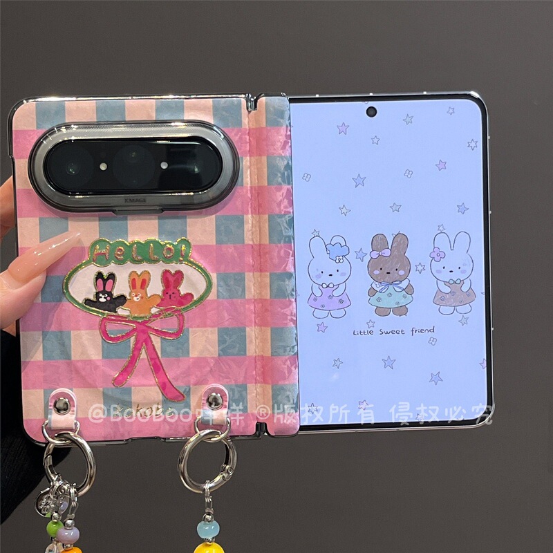 Pink and Blue Checkered Gold-Stamped Rabbit Design Suitable for Huawei Puraxmax Phone Case, Foldable Screen Dual-Axis Dual Magnetic Protective Cover Pink and Blue Checkered Gold-Stamped Rabbit Design Suitable for Huawei Puraxmax Phone Case, Foldable Screen Dual-Axis Dual Magnetic Protective Cover