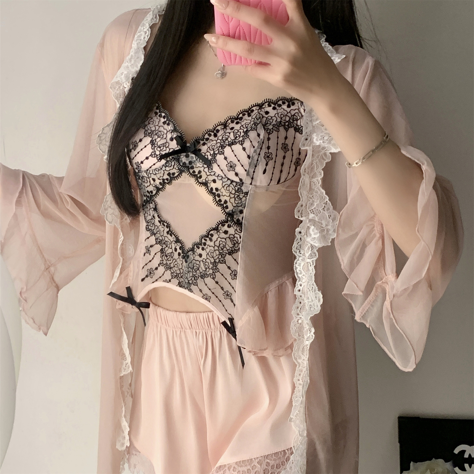 YASE [다채로운] 24 개의 그물 붉은 폭발 잠옷 순수한 바람 멜빵 반바지 세트 가슴 3 피스 세트