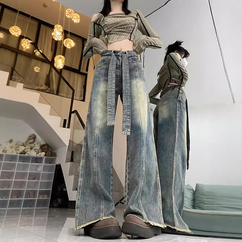 plus size chubby girl American Retro Jeans Women's Autumn High Waist Wide Leg Pants Loose Slimming Design Straight Leg Pants plus size chubby girl American Retro Jeans Women's Autumn High Waist Wide Leg Pants Loose Slimming Design Straight Leg Pants