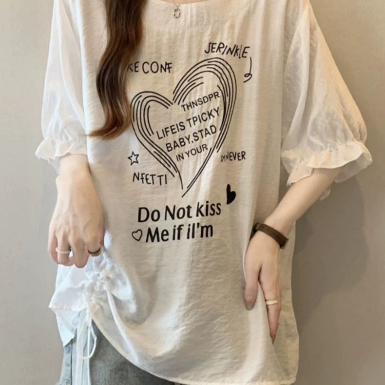 Plus-Size Loose Design New Slimming T-Shirt for Women, Summer Style, Large Size, Drawstring, Cover-Up, Puff Sleeve, Short-Sleeve Top for Women