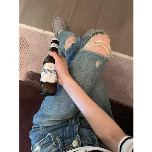 American Retro High Street Ripped Denim Pants for Women - Spring and Autumn Tall Waist Straight Leg Loose and Slim Versatile Wide Leg Pants