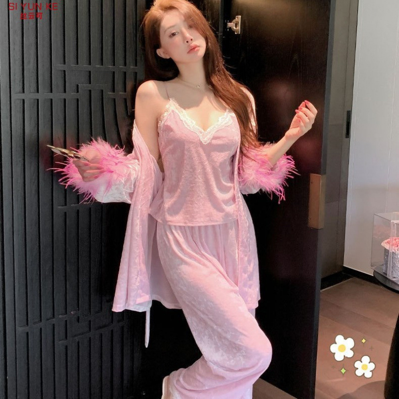 新款金钻绒睡衣女鸵鸟毛V领花边性感诱惑纯欲四件套家居服可外穿